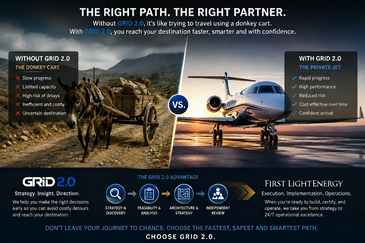 Grid 2.0 vs traditional energy grid comparison — donkey cart vs private jet
